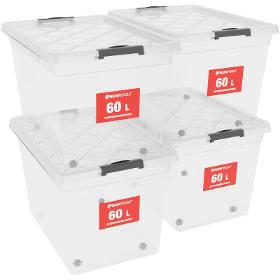 ATHLON TOOLS 4x 60 L Aufbewahrungsboxen mit Deckel, lebensmittelecht - Verschlussclips - 100% Neumaterial Plastik-Box