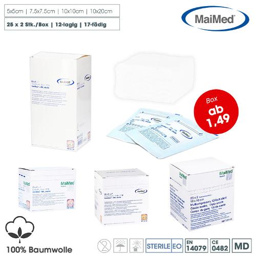 MaiMed Mullkompressen – steril, 12-lagig, verschiedene Größen, 100% Baumwolle (25 x 2 Stk./Box)