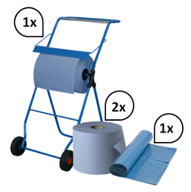 SET: Putzrollenhalter mobil + 2 Putzrollen blau, 3-lagig, 2.000 Abrisse + 250 Qualitäts-Müllsäcke 120l blau, Blanc-Quali