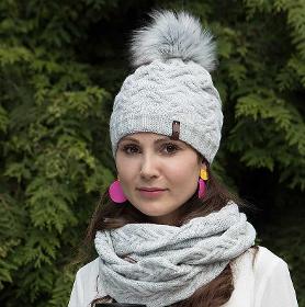 Damen-Winterset, Mütze, Schal, Handschuhe mit Pompon, grau